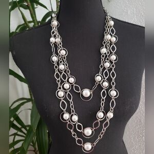 Boho Layered Silver and Pearl Necklace